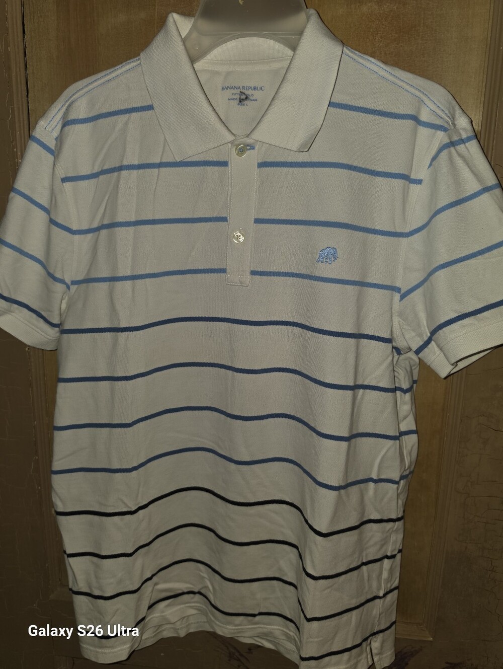Banana Republic White Polo with Light & Navy Blue Stripes